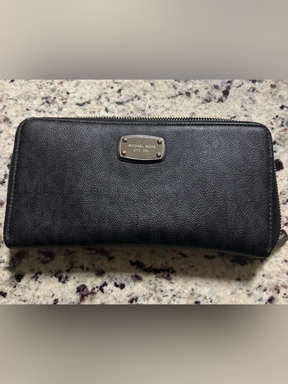 Michael Kors Black Leather Zip Wallet with Gold Plaque